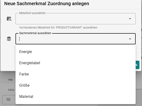 Dialog zur Zuordnung von SelectLine Sachmerkmalen wie Energie, Farbe, Größe oder Material zu Shopify Metafeldern
