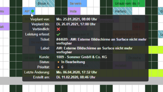 Detailansicht eines Service-Tickets mit Status, Priorität und Einsatzinformationen in venabo.SERVICE