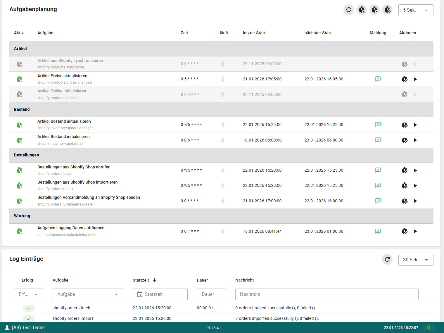 Aufgabenplanung der SelectLine-Shopify-Schnittstelle mit automatischer Synchronisation von Artikeln, Beständen und Bestellungen