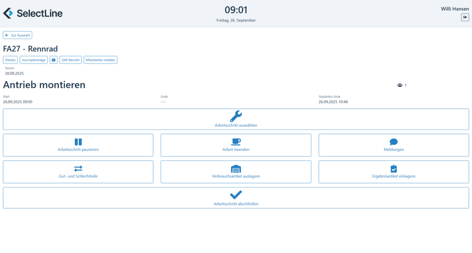 Benutzeroberfläche zur Erfassung von Arbeitszeiten, Produktionsmeldungen und Verbrauchsdaten in SelectLine neo.
