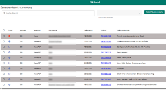 Übersicht der Infodesk-Abrechnung mit Ticketliste, Filterfunktion und Abrechnungsstatus im ITCV ERP-Portal