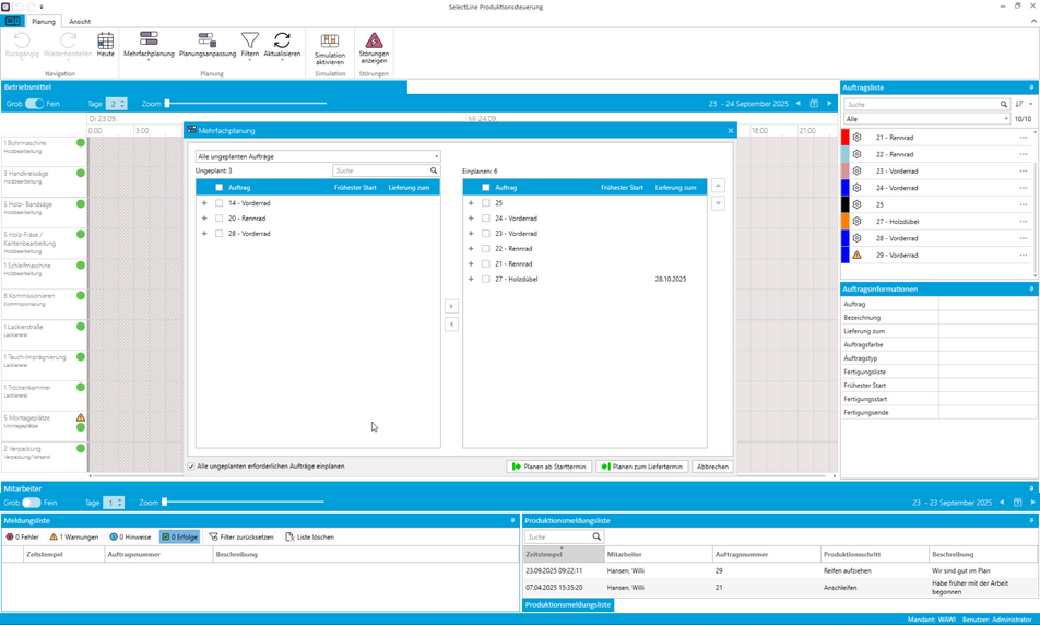 Planungsoberfläche der SelectLine Produktionssteuerung mit Mehrfachplanung von Aufträgen und Ressourcen.