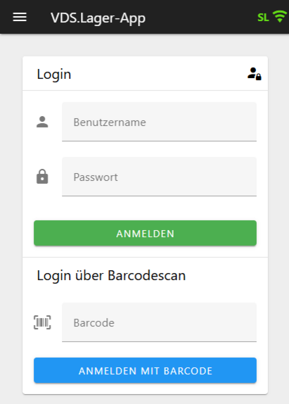 Login-Bildschirm der ITC Lager-App mit Benutzername, Passwort und optionaler Anmeldung über Barcode-Scan