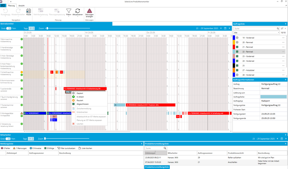 Produktionsmonitor in SelectLine neo mit zeitlicher Darstellung von Arbeitsgängen, Maschinenbelegung und Statusanzeigen.