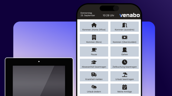 Venabo Zeiterfassung App mit mobiler Zeiterfassung, Urlaubsverwaltung und Terminalanbindung für SelectLine ERP