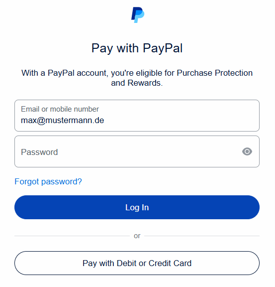 PayPal Login-Seite zur sicheren Zahlungsabwicklung nach Weiterleitung aus dem SyShop.