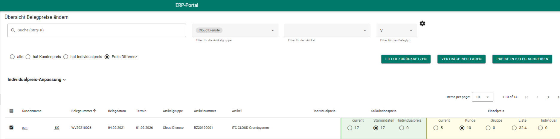 ERP-Portal Übersicht nach erfolgreicher Übernahme neuer Preise in ausgewählte Belege.