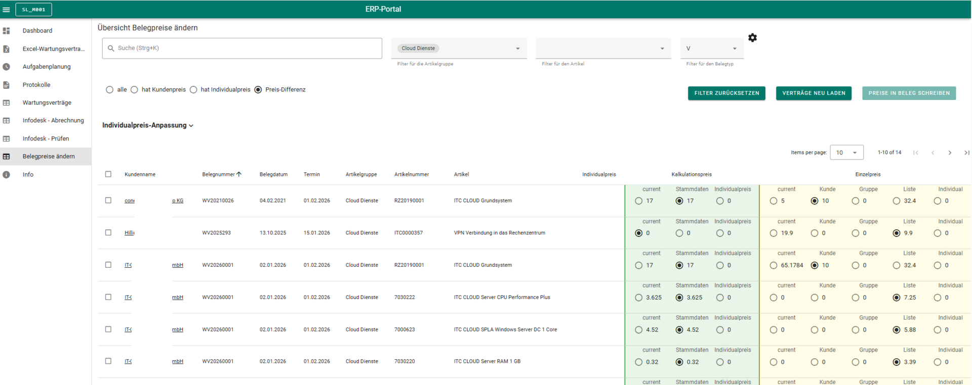 Markierter Beleg im ERP-Portal zur Vorbereitung einer Preisänderung.