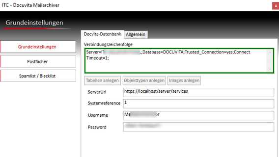Konfigurationsoberfläche des ITC Docuvita Mailarchivs zur Verbindung mit der Docuvita-Datenbank und dem Archivserver