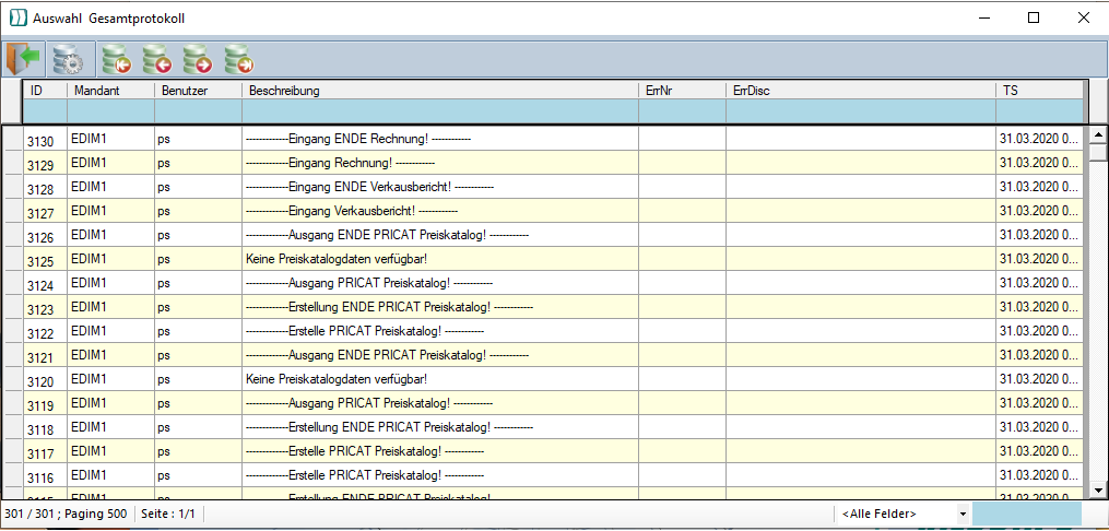 Protokollübersicht aller EDI-Verarbeitungsschritte mit Mandant, Benutzer und Zeitstempel.