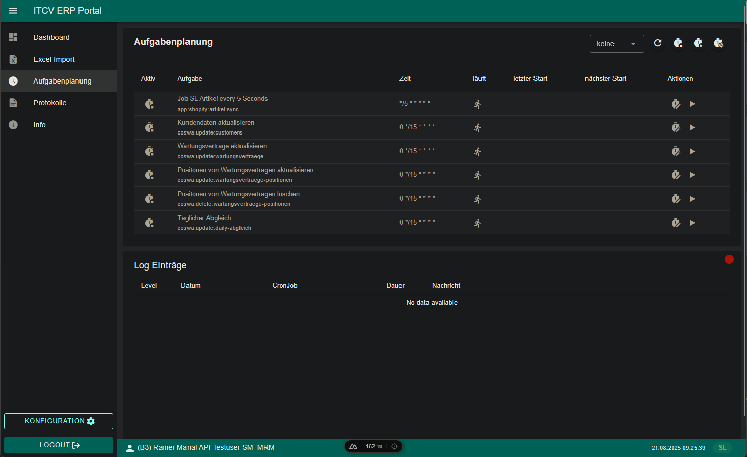 Übersicht geplanter Systemjobs mit Laufzeiten und Statusanzeigen.