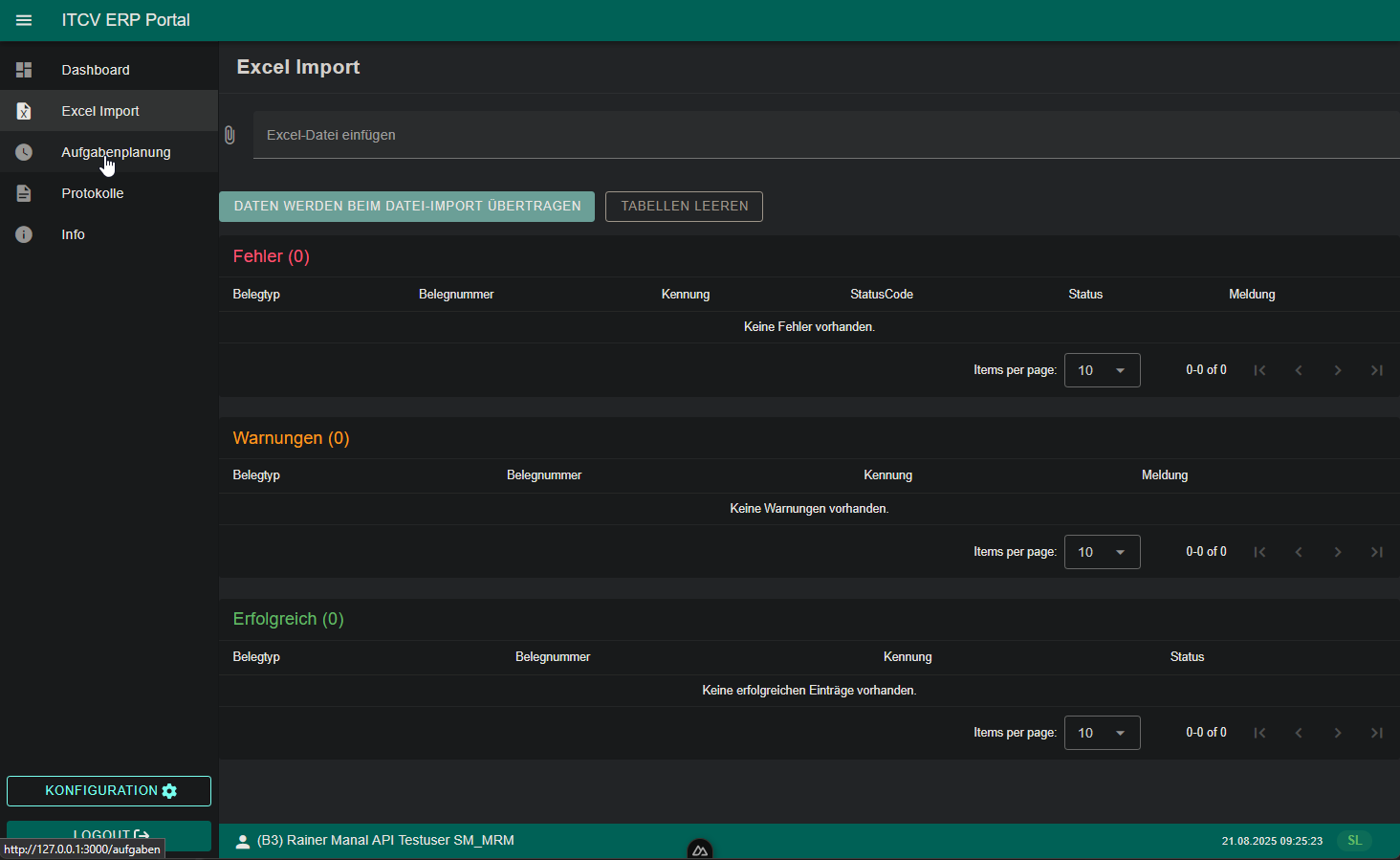 Importbereich im ERP-Portal mit Anzeige von Fehlern, Warnungen und erfolgreichen Datensätzen.
