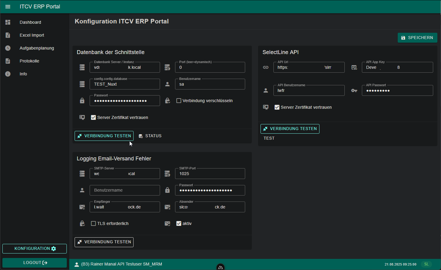Konfigurationsoberfläche des ERP-Portals mit Datenbankverbindung und SelectLine API Einstellungen.