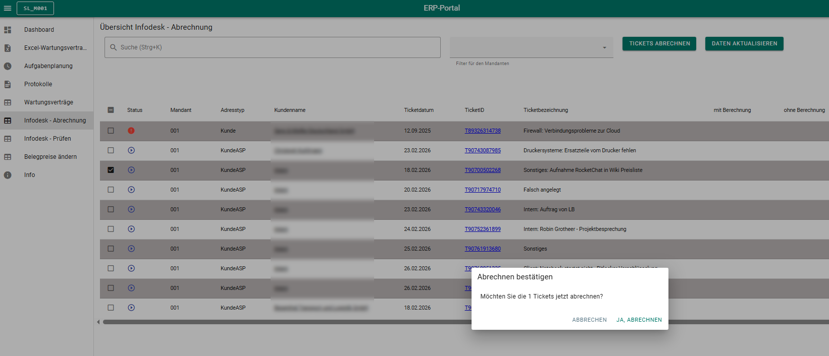Popup-Fenster zur Bestätigung der Abrechnung ausgewählter Tickets im ERP-Portal