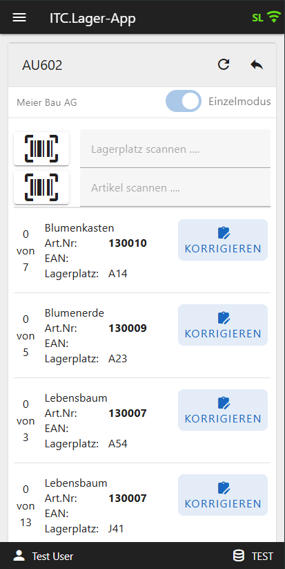 Anzeige der Artikelpositionen eines Auftrags mit Artikeln, Artikelnummern und Lagerplätzen sowie Scanoption für Lagerplatz und Artikel