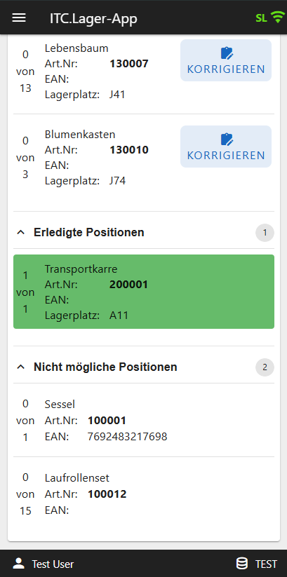 Anzeige erledigter Positionen und nicht möglicher Artikelpositionen innerhalb eines Auftrags in der ITC Lager-App