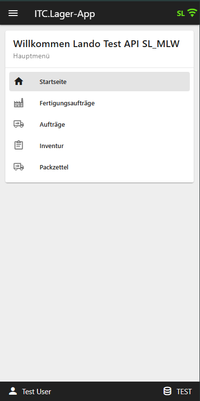 Startbildschirm der ITC Lager-App mit Menüeinträgen Startseite, Fertigungsaufträge, Aufträge, Inventur und Packzettel
