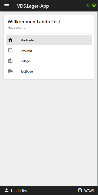 Startseite der ITC Lager-App mit Menüeinträgen für Startseite, Inventur, Belege und weitere Lagerfunktionen
