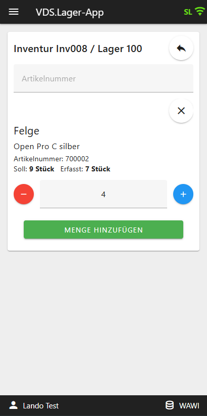Inventurmaske der ITC Lager-App zur Erfassung der gezählten Menge eines Artikels mit Anzeige von Sollbestand und bereits erfasster Menge
