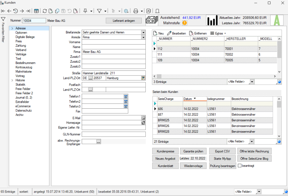 Benutzeroberfläche von SelectLine neo mit Kundenstammdaten, Servicehistorie und Auftragsübersicht.