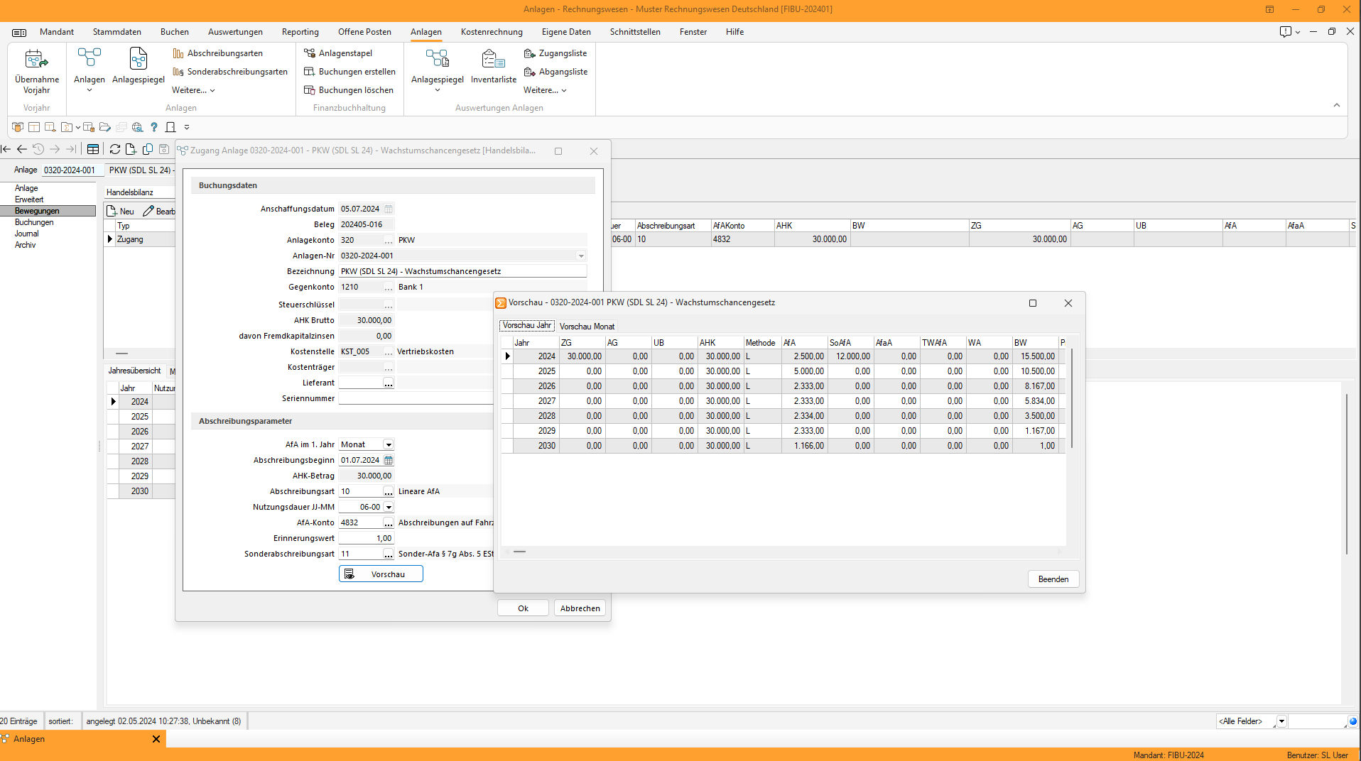 Benutzeroberfläche von SelectLine neo zur Verwaltung von Anlagegütern mit Abschreibungsvorschau und Buchungsdaten.