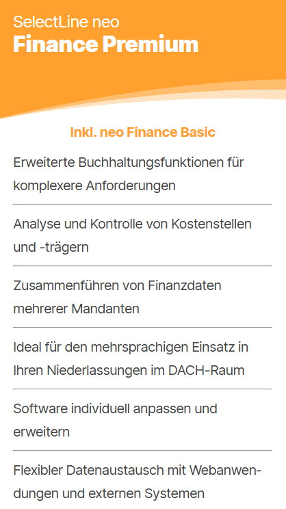 Produktübersicht von SelectLine neo Finance Premium mit erweiterten Buchhaltungs- und Controllingfunktionen.