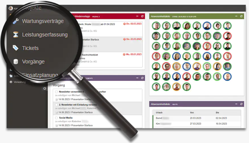 Übersicht zentraler Funktionen wie Wartungsverträge, Leistungserfassung, Tickets und Einsatzplanung in venabo.SERVICE