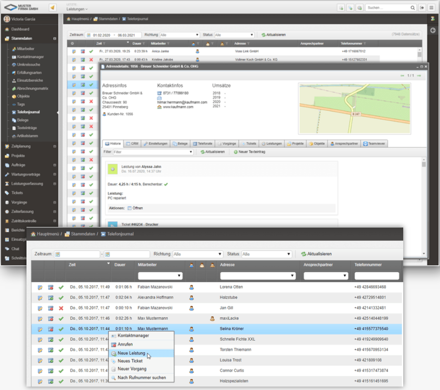 Übersicht über Kundeninformationen, Servicehistorie und Aktivitäten im venabo Service-System