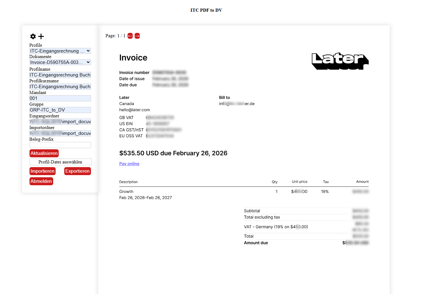 Konfigurationsoberfläche von ITC BelegConnect mit Profilsteuerung, Mandant und Importordnern.