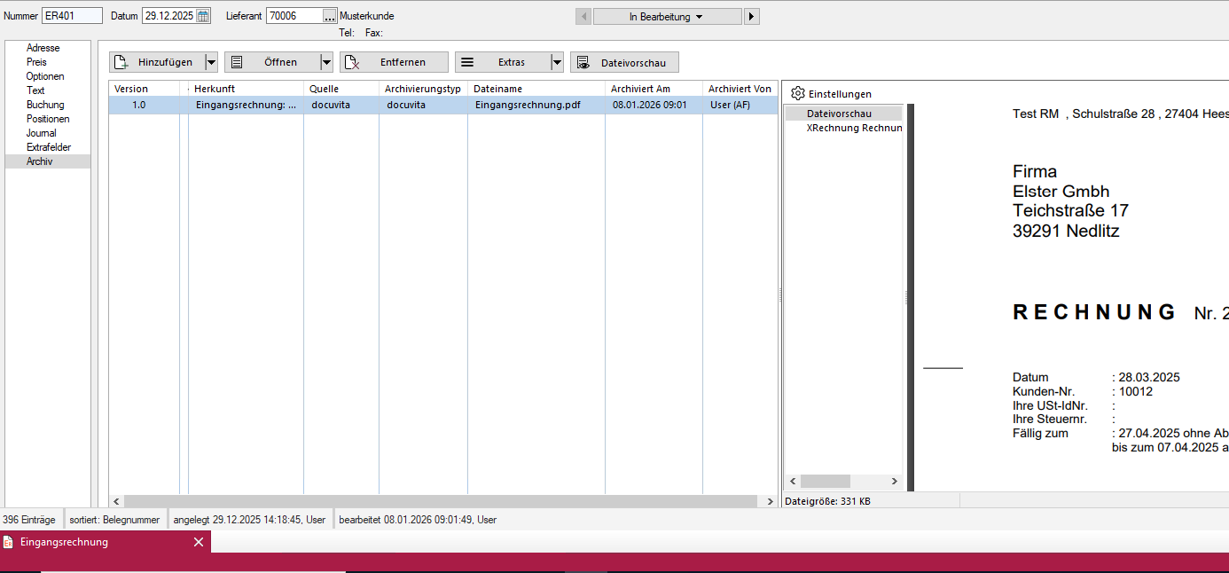 Archivierte Eingangsrechnung mit integrierter PDF-Vorschau im SelectLine ERP-System.
