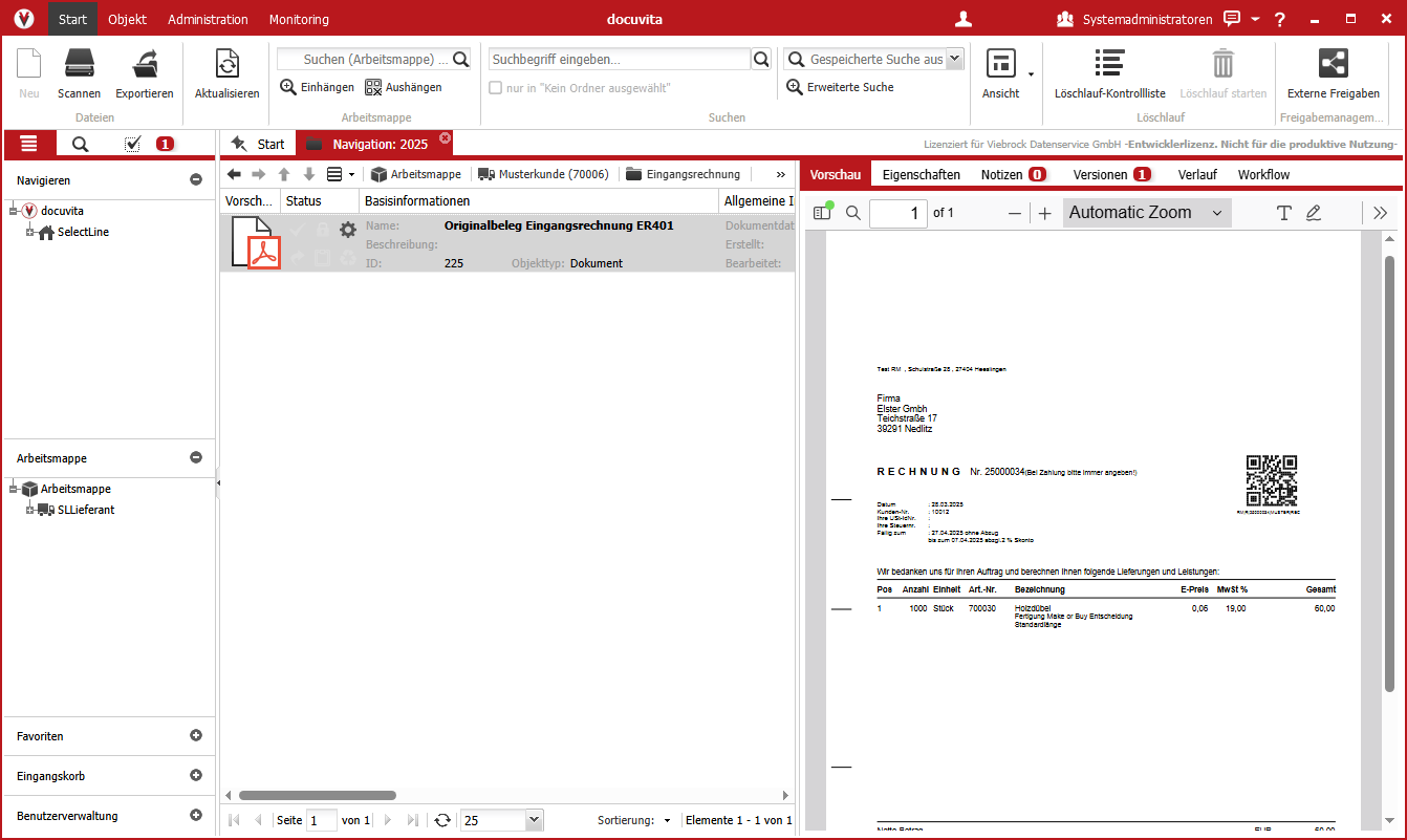 docuvita Dokumentenmanagement-System mit geöffneter Eingangsrechnung und Navigationsstruktur.