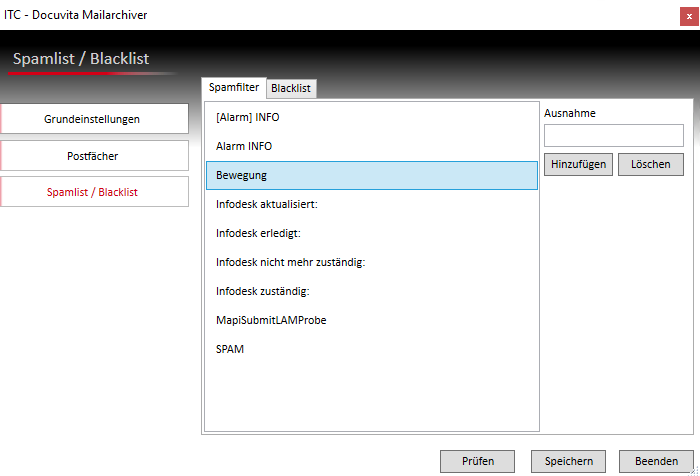 Administrationsoberfläche des ITC Docuvita Mailarchivs zur Verwaltung von Spamfilter- und Blacklist-Regeln für eingehende E-Mails