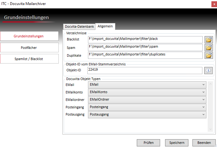 Verzeichnis- und Objekttyp-Konfiguration im ITC Docuvita Mailarchiv