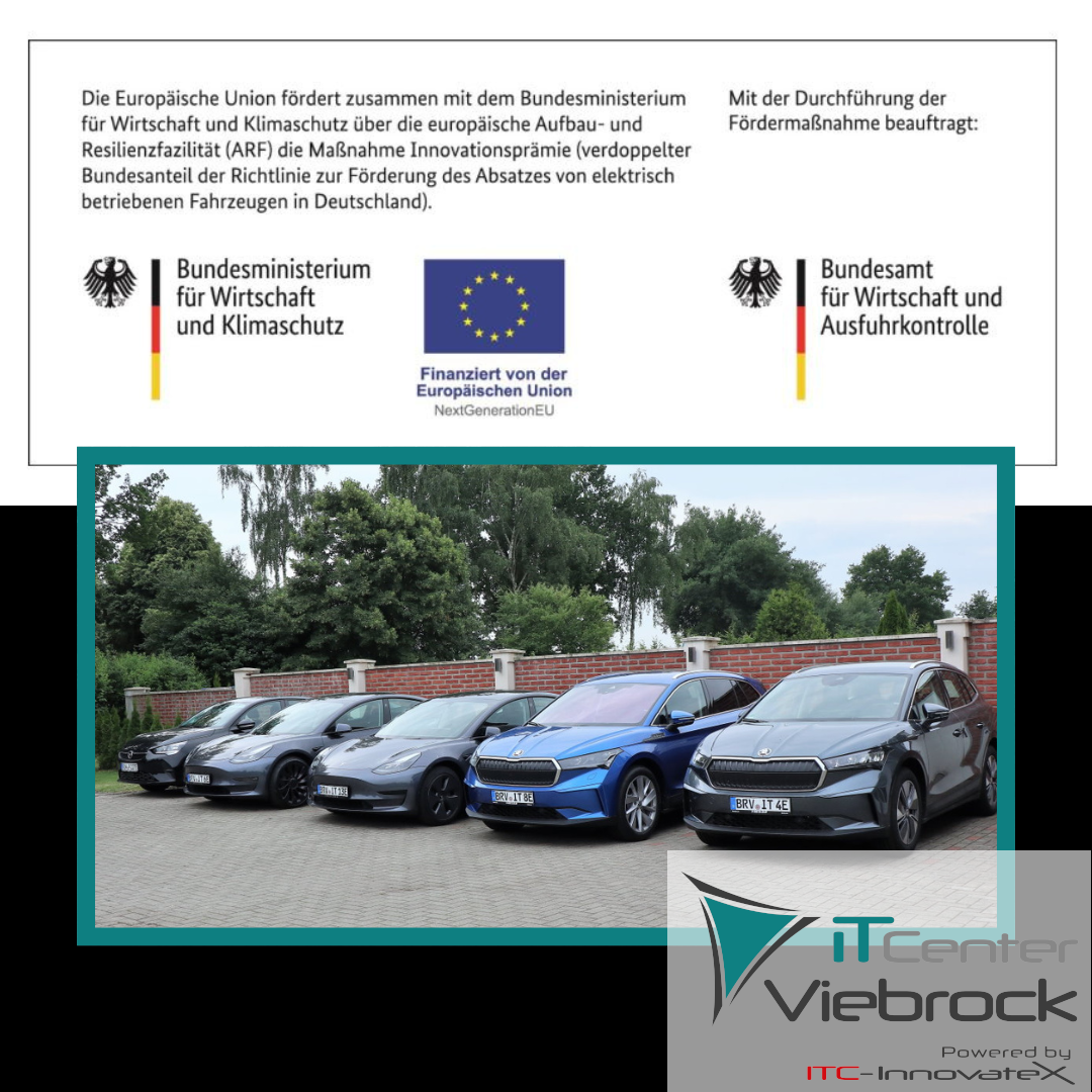 Mehrere Elektrofahrzeuge von ITC Viebrock auf einem Firmenparkplatz im Rahmen einer geförderten Umstellung auf nachhaltige Mobilität